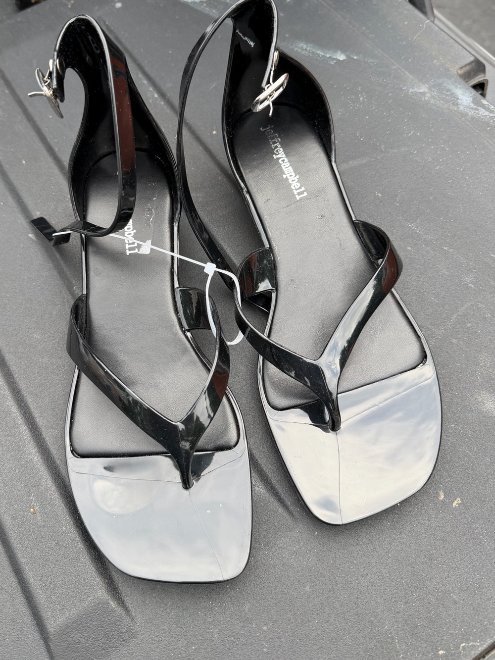 Jeffrey Campbell Black Patent Ankle-Strap Thong Sandals